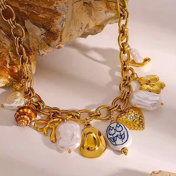 Stainless Steel Vintage Charm Necklace Gold Plated choker Multi-charm Shell S… - Picture 2 of 5